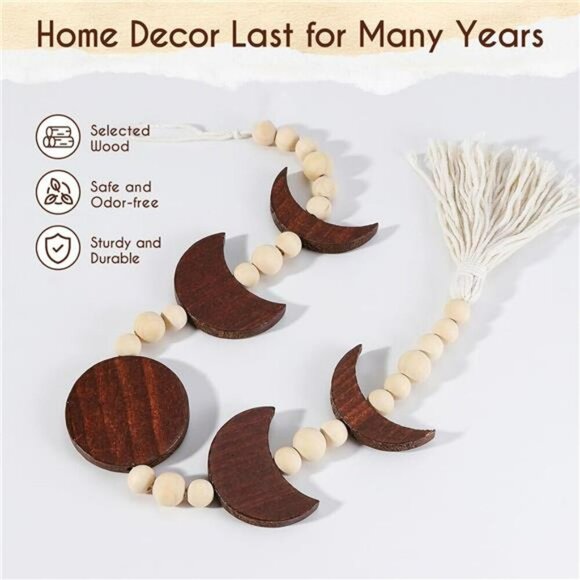 Moon Phase Wall Hanging Boho Wood Bead Tassel Decor for Bedroom Living Room - Picture 4 of 7